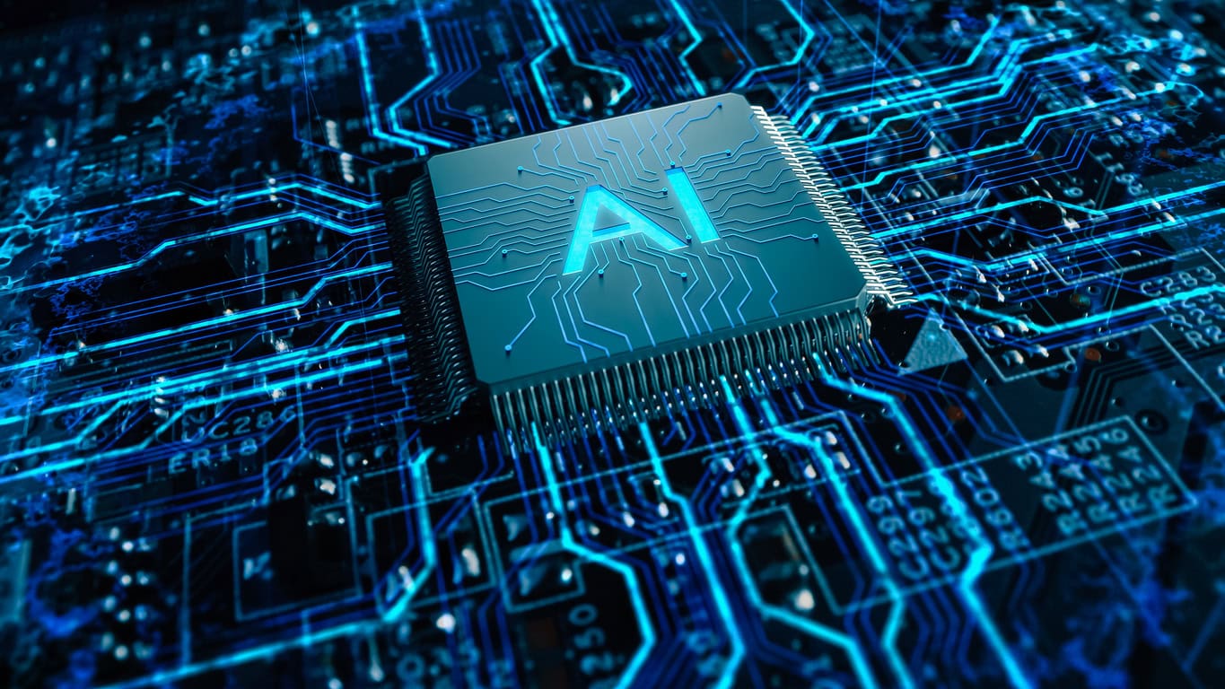 Futuristic High-Tech Concept Visualization: Motherboard CPU Processor Microchip Starting Artificial Intelligence Digitalization of Data information Processing. Electric Lines Connect into AI Symbol.